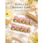 Summer Garden 3D‑Floral Press‑On Nails, Short Square Handmade False Nails with Pink Flower & Sunflower, Yellow‑Black French Tips & Rhinestones